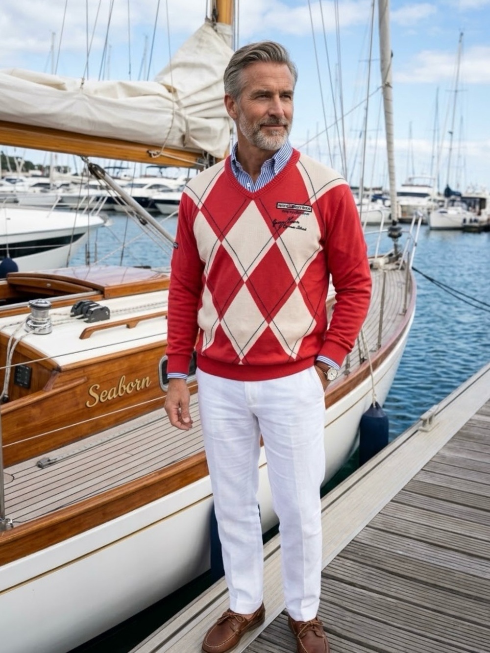 Nils Sundstrom Embroidered Argyle Sweater Nautical Ocean Race Sailing Mens XL